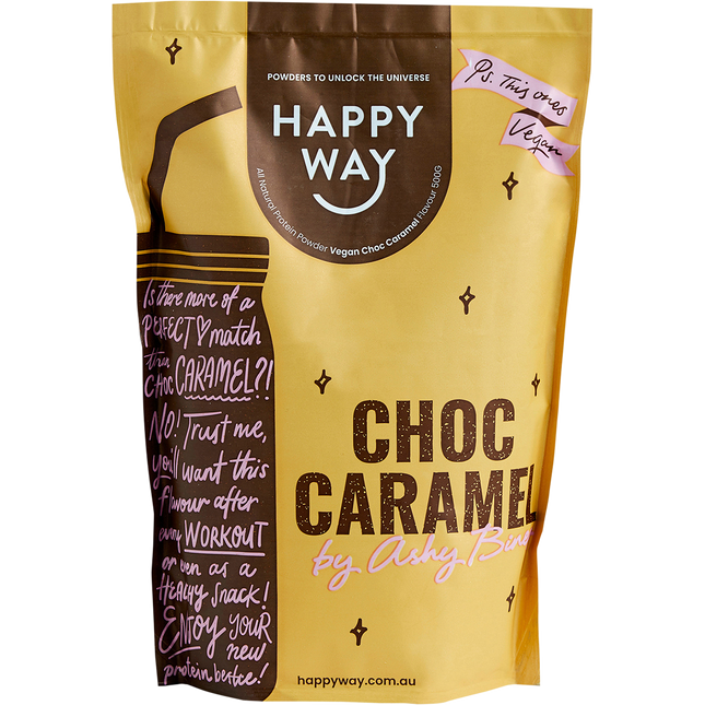 Happy Way Ashy Bines Vegan Protein Powder Choc Caramel 500g