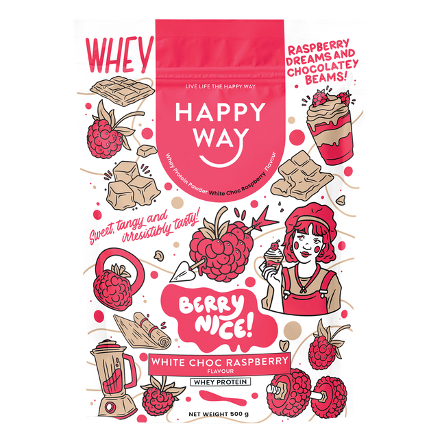 Happy Way Whey Protein Powder White Choc Raspberry 500g