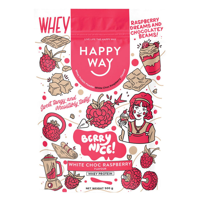 Happy Way - Whey Protein Powder White Choc Raspberry - 500g