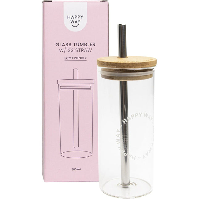 Happy Way - Glass Tumbler with Stainless Steel Straw - 580ml