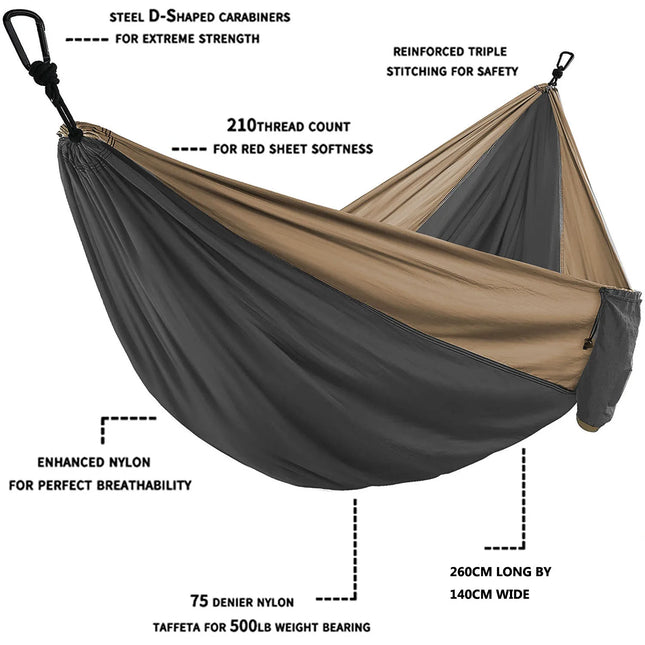 Solid color parachute hammock for two, includes hammock straps and black carabiner.