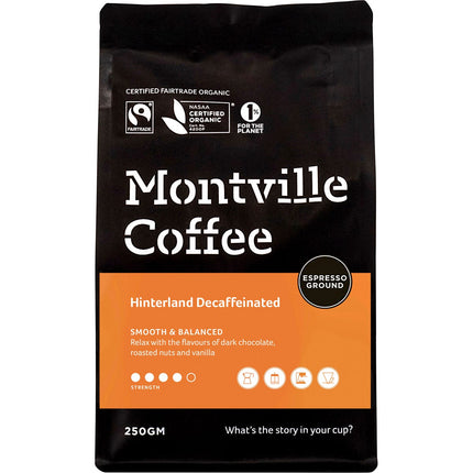 MONTVILLE COFFEE Decaf Coffee Ground Espresso Hinterland Blend 250g