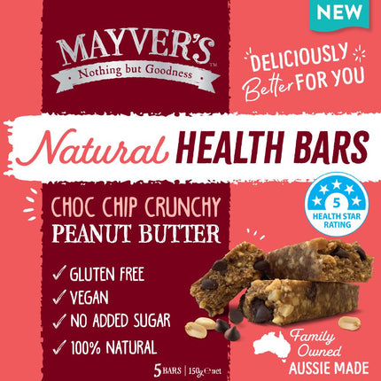 MAYVERS NATURAL HEALTH BARS CHOC CHIP CRUNCHY PEANUT BUTTER G/F (5BARS) 150G