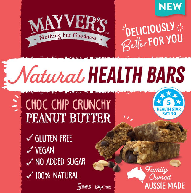 MAYVERS NATURAL HEALTH BARS CHOC CHIP CRUNCHY PEANUT BUTTER G/F (5BARS) 150G