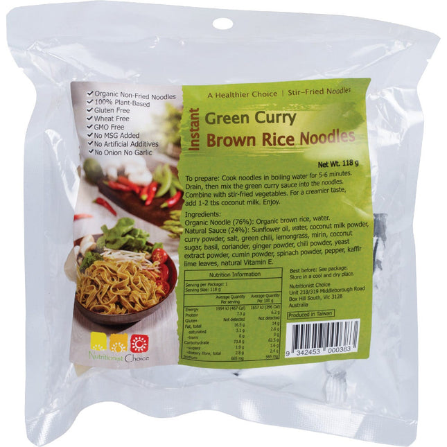 NUTRITIONIST CHOICE Instant Green Curry Brown Rice Noodle Kit 118g | Grains & Pasta