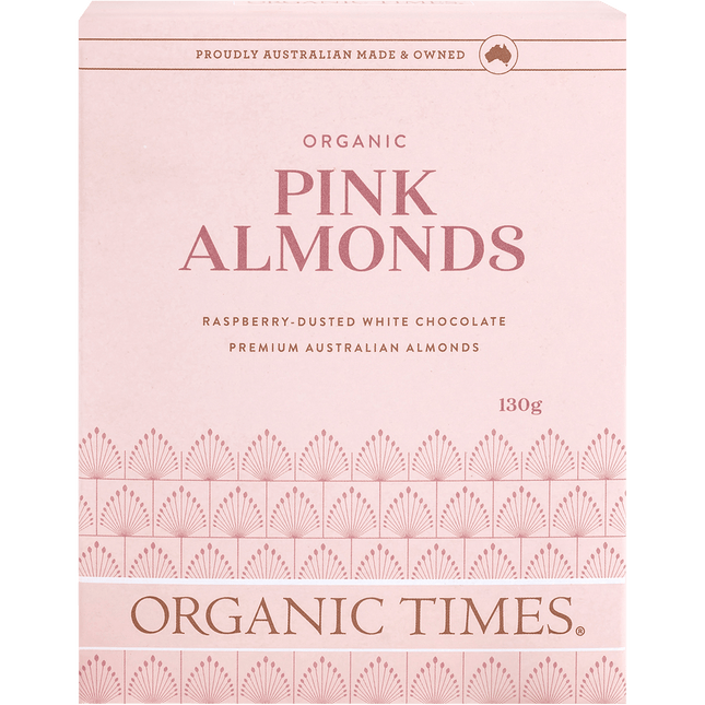 Organic Times Pink Raspberry Dusted White Chocolate Almonds 130g
