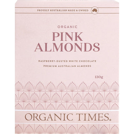 ORGANIC TIMES Pink Raspberry Dusted White Choc Almonds 130g | Nuts & Seeds