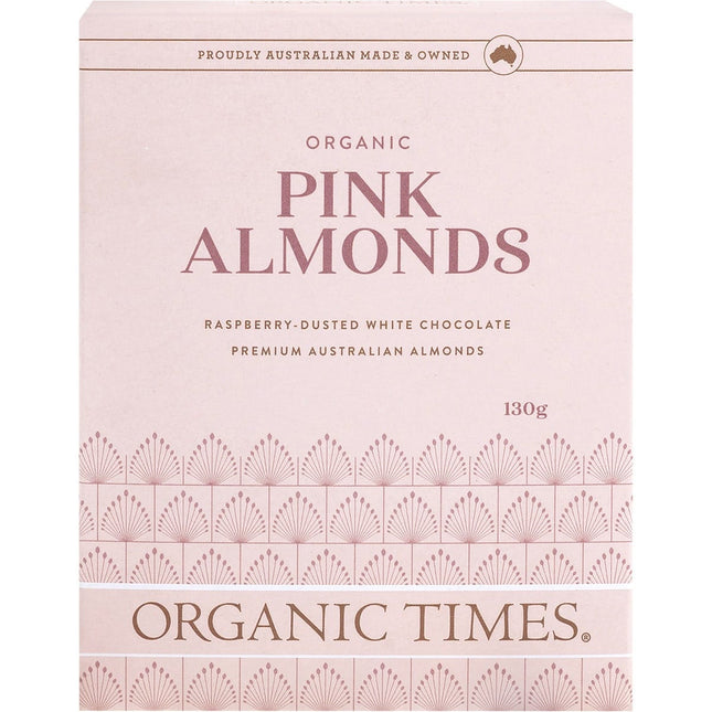 ORGANIC TIMES Pink Raspberry Dusted White Choc Almonds 130g | Nuts & Seeds