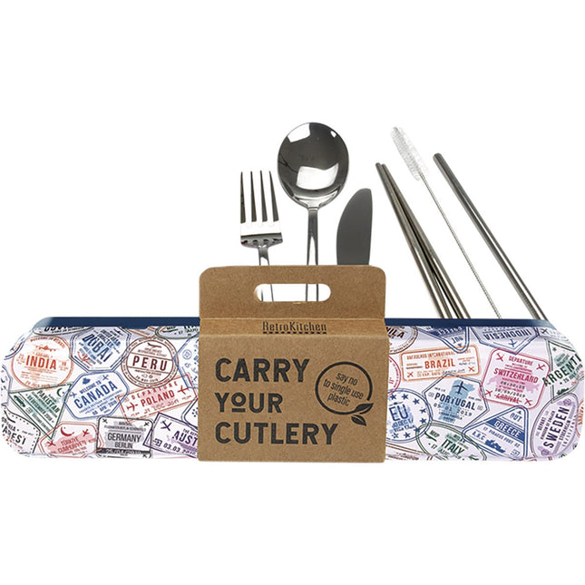 RETROKITCHEN Passport Stamps Stainless Steel Cutlery Set | Reusable Cutlery