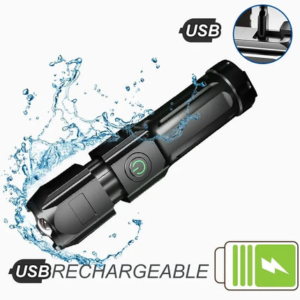 Powerful USB rechargeable LED flashlight with 100,000 lumens.