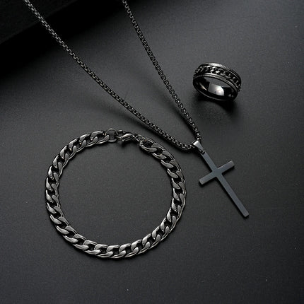 Stainless Steel Jewelry Set - Retro Bracelet, Necklace & Ring