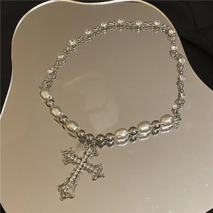 Pearl Cross Pendant Necklace - Hip Hop Retro Religious Jewelry