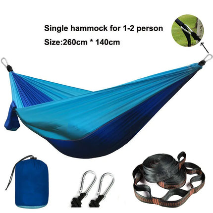Solid color parachute hammock for two, includes hammock straps and black carabiner.