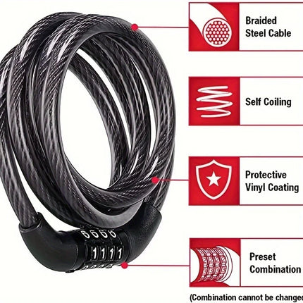 Anti-Theft Bicycle Combination Lock - Strong Steel Cable, Scratch-Proof & Drill-Resistant