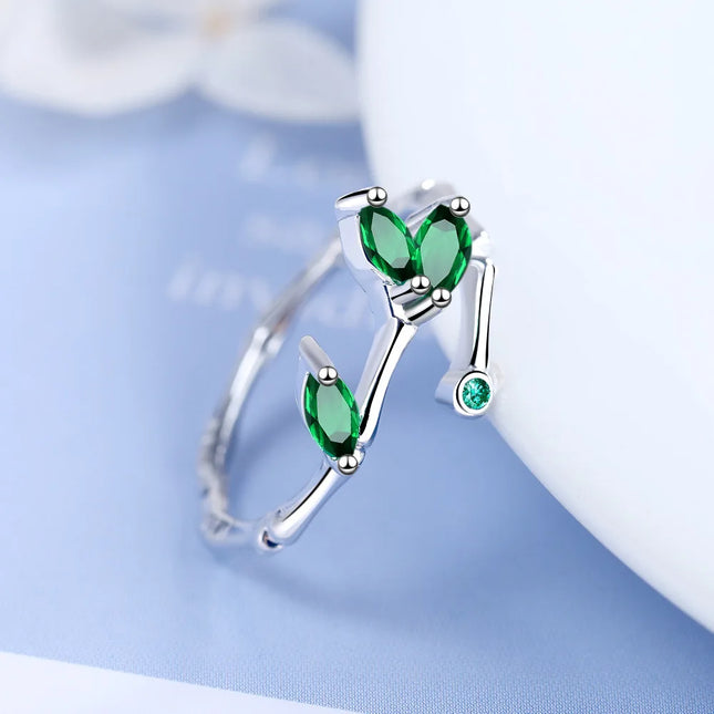 Sterling Silver Twig Green Leaf Ring for Women