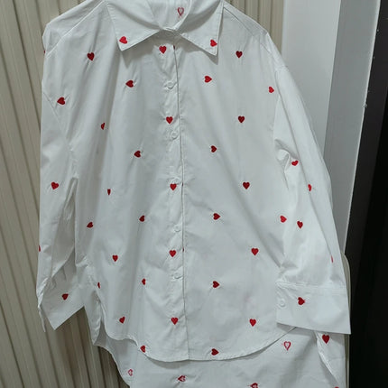 Spring & Autumn Women's Blouse - White Heart Turn-Over Collar Shirt