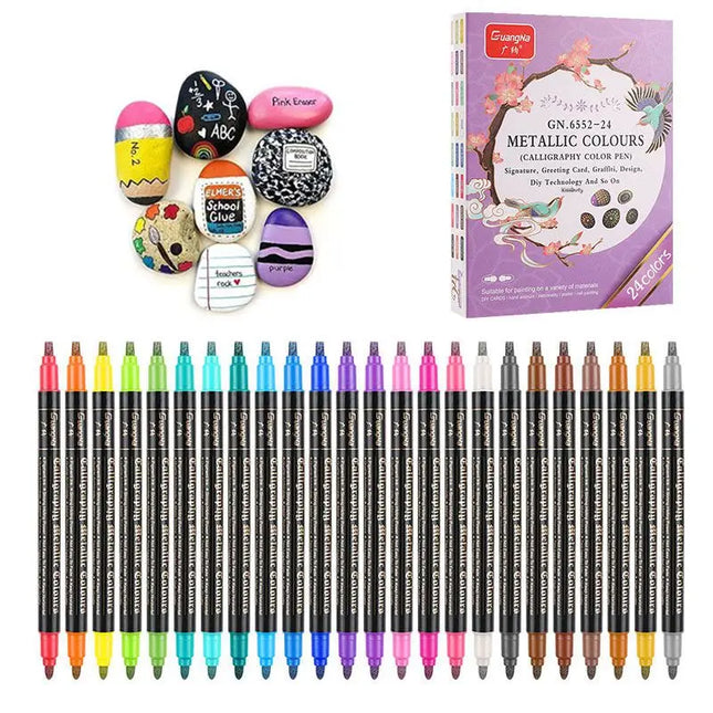 12/24 Colors Metallic Paint Markers, Dual Tip Glitter Pens for Easter Egg & Stone Art