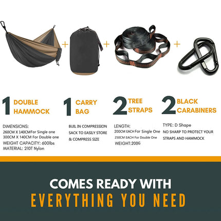 Solid color parachute hammock for two, includes hammock straps and black carabiner.