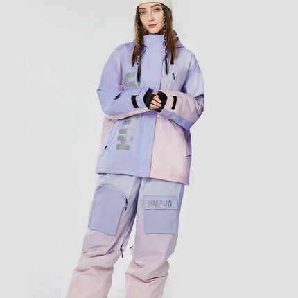 Gradient Ski Suit Girl Waterproof  Warm Loose Cotton Clip Snowboard Pink Purple Woman Adult Men Winter Outdoor Jacket Coat Pants