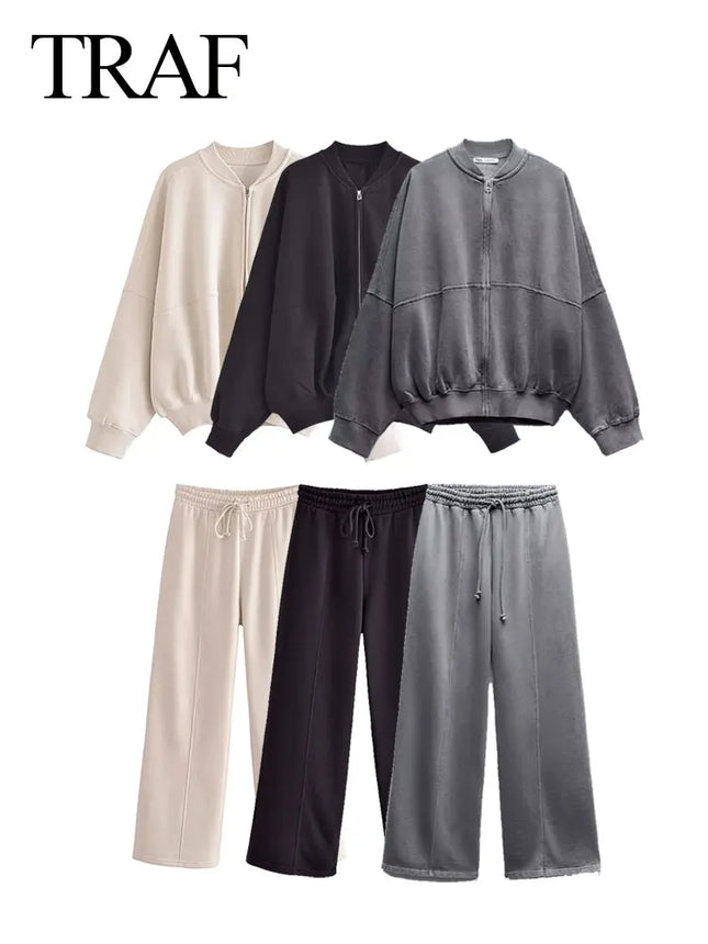 TRAF Winter Women's 2-Piece Fleece Sweatshirt & High Waist Pants Set