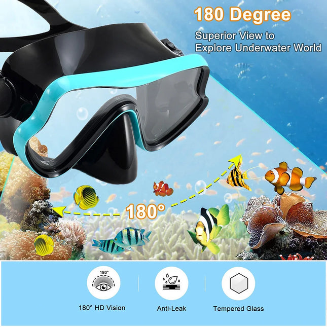 Scuba Diving Mask & Snorkel Set, Tempered Glass, Panoramic View, Professional Snorkeling Gear