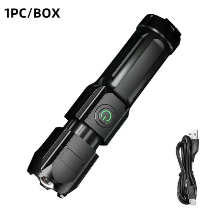 Powerful USB rechargeable LED flashlight with 100,000 lumens.