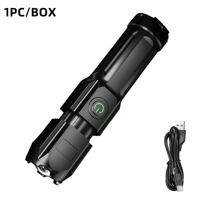 Powerful USB rechargeable LED flashlight with 100,000 lumens.