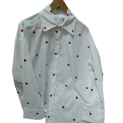 Spring & Autumn Women's Blouse - White Heart Turn-Over Collar Shirt