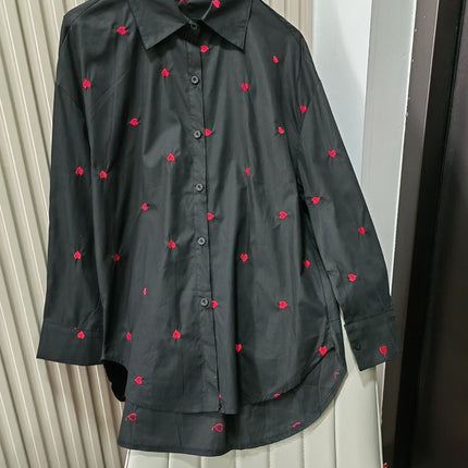 Spring & Autumn Women's Blouse - White Heart Turn-Over Collar Shirt