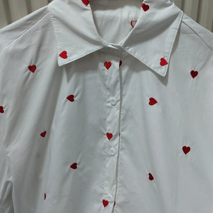 Spring & Autumn Women's Blouse - White Heart Turn-Over Collar Shirt