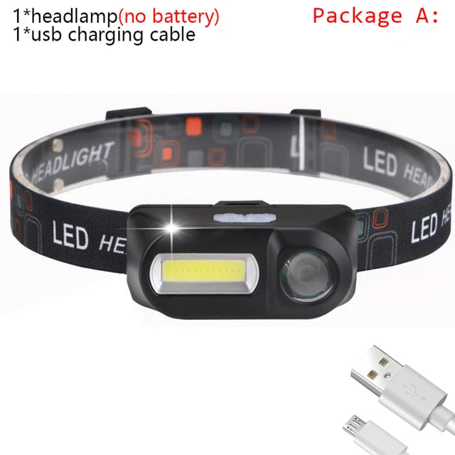XP-G Q5 Waterproof Headlamp - 2500lm COB LED, USB Rechargeable, 14450 Battery