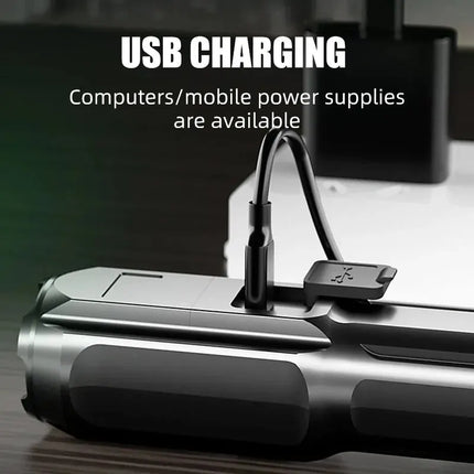 Powerful USB rechargeable LED flashlight with 100,000 lumens.