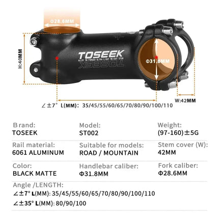 TOSEEK MTB/Road Bike Handlebar Stem  Lightweight 60-100mm, 28.6mm Fork, 31.8mm Bar