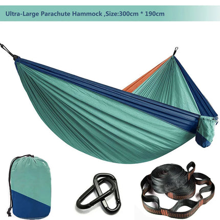 Solid color parachute hammock for two, includes hammock straps and black carabiner.