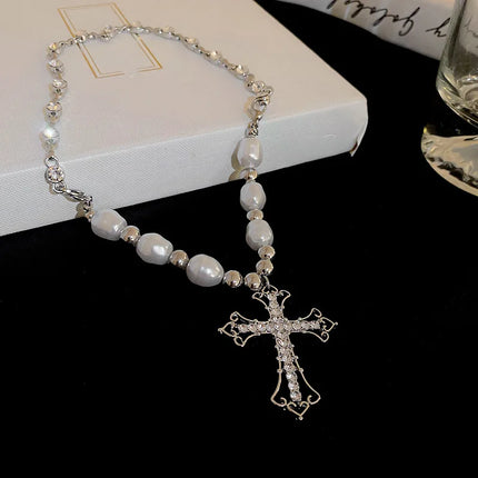Pearl Cross Pendant Necklace - Hip Hop Retro Religious Jewelry