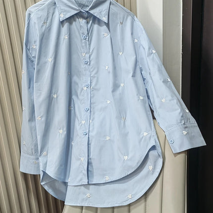 Spring & Autumn Women's Blouse - White Heart Turn-Over Collar Shirt