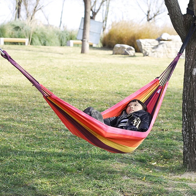 Single wide thick canvas hammock, perfect for outdoor camping and leisure.