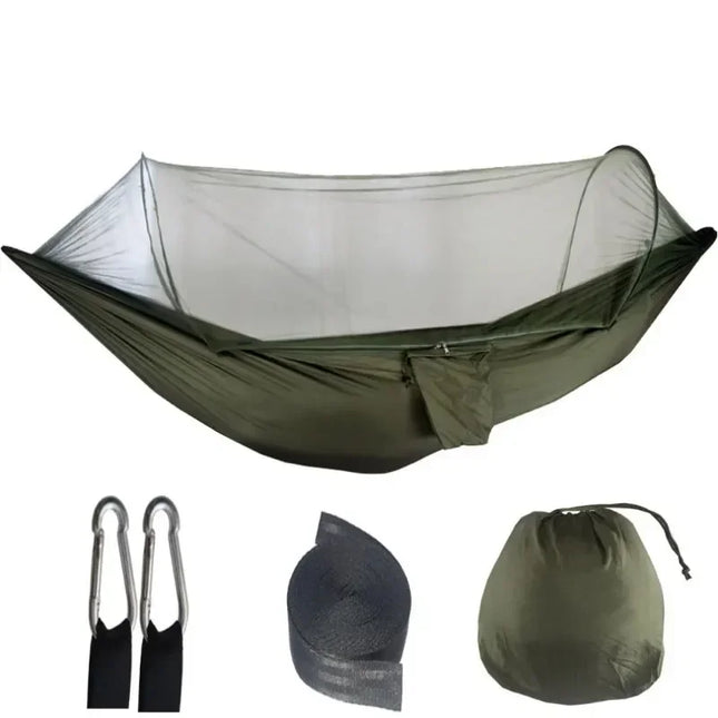 Fully automatic quick-opening camping hammock with mosquito net.