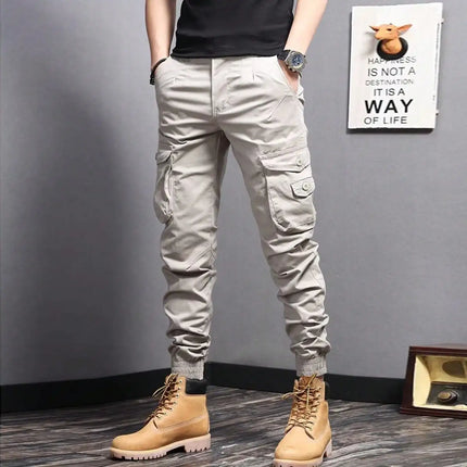 Men's Casual Cargo Pants: Tapered Workwear with Side Flap Pockets for Spring/Fall