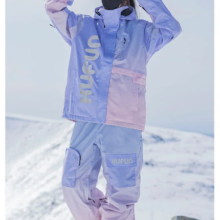 Gradient Ski Suit Girl Waterproof  Warm Loose Cotton Clip Snowboard Pink Purple Woman Adult Men Winter Outdoor Jacket Coat Pants