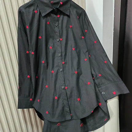 Spring & Autumn Women's Blouse - White Heart Turn-Over Collar Shirt