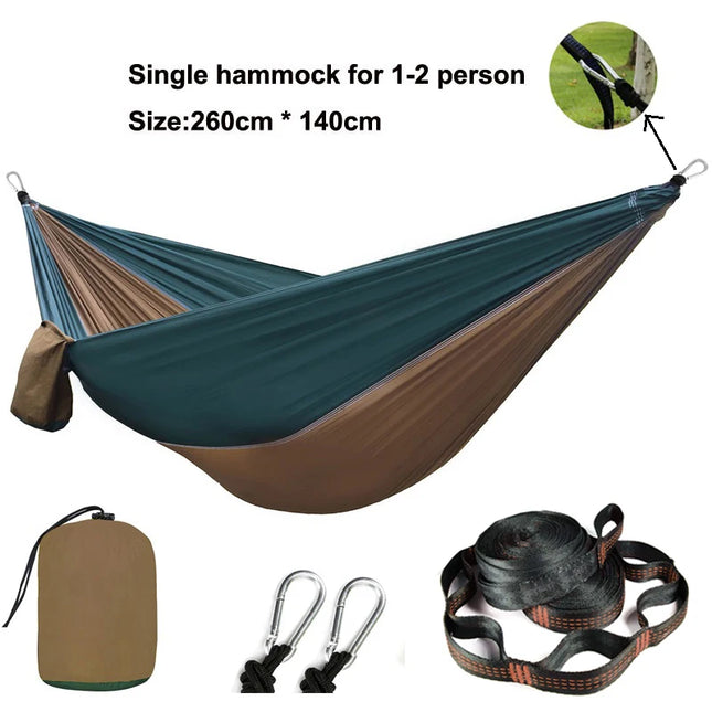 Solid color parachute hammock for two, includes hammock straps and black carabiner.