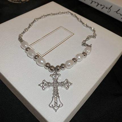 Pearl Cross Pendant Necklace - Hip Hop Retro Religious Jewelry