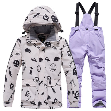 Fashion, Children's Snow Suit, Snowboard Clothing Sets, Outdoor Wear, Ski Coat and Strap Pant, Kids Costumes, Boy‘s and Girl's