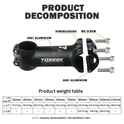 TOSEEK MTB/Road Bike Handlebar Stem  Lightweight 60-100mm, 28.6mm Fork, 31.8mm Bar