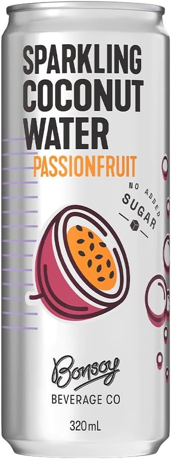 Bonsoy sparkling coconut water passionfruit G/F 12 x 320ml cans