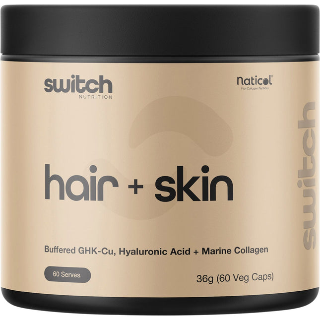 Switch Nutrition - Hair + Skin GHK-Cu, Hyaluronic Acid, Marine Collagen - 60 Caps