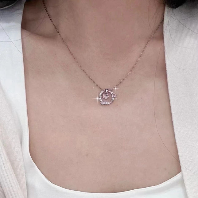 Pink Crystal Pendant Heart Necklace for Women and Girls