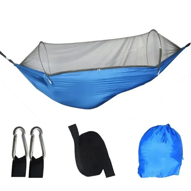 Fully automatic quick-opening camping hammock with mosquito net.