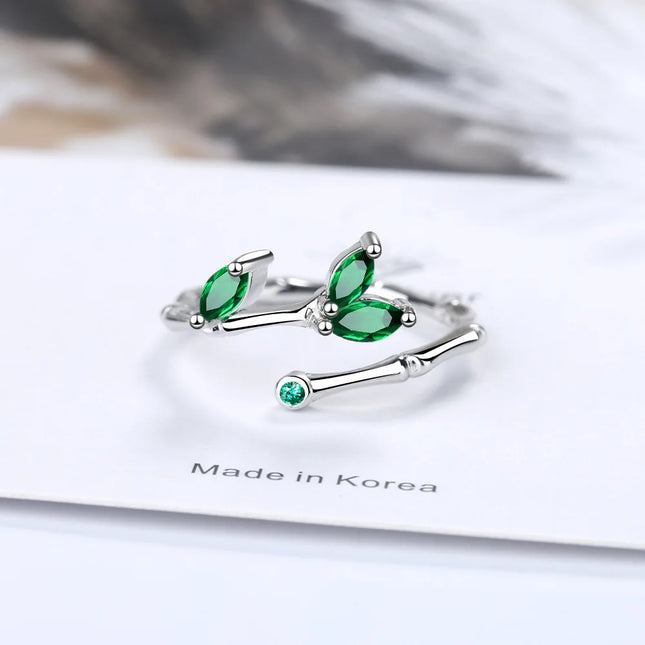 Sterling Silver Twig Green Leaf Ring for Women